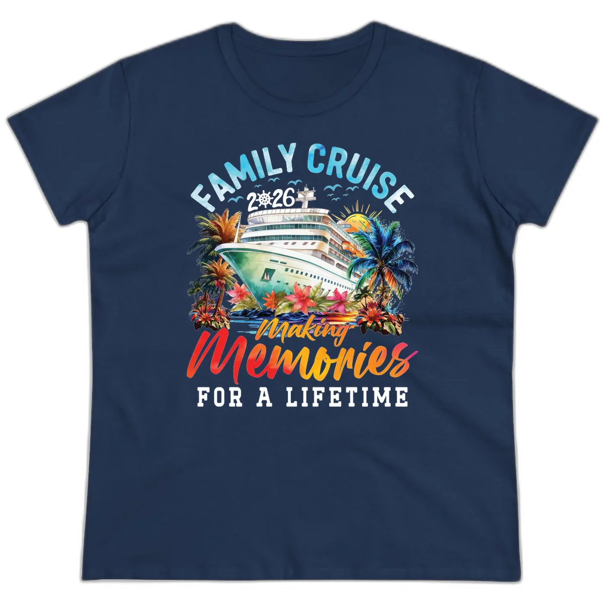 Family Cruise 2026 Making Memories Tropical Design Ladies Tee in Navy