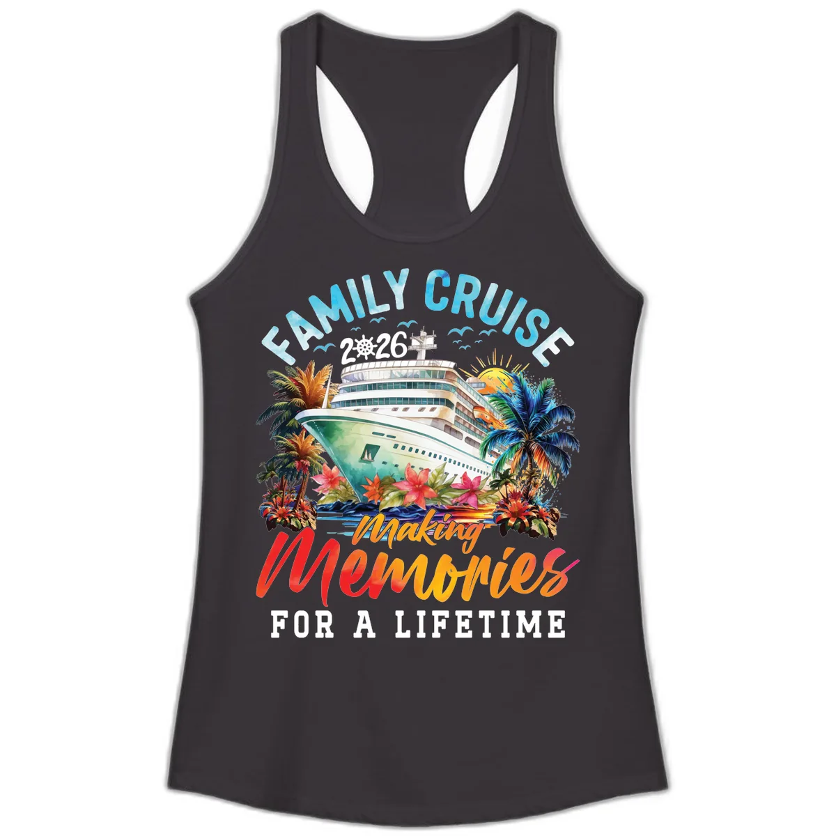 Family Cruise 2026 Making Memories Tropical Design Ladies Tank in Black