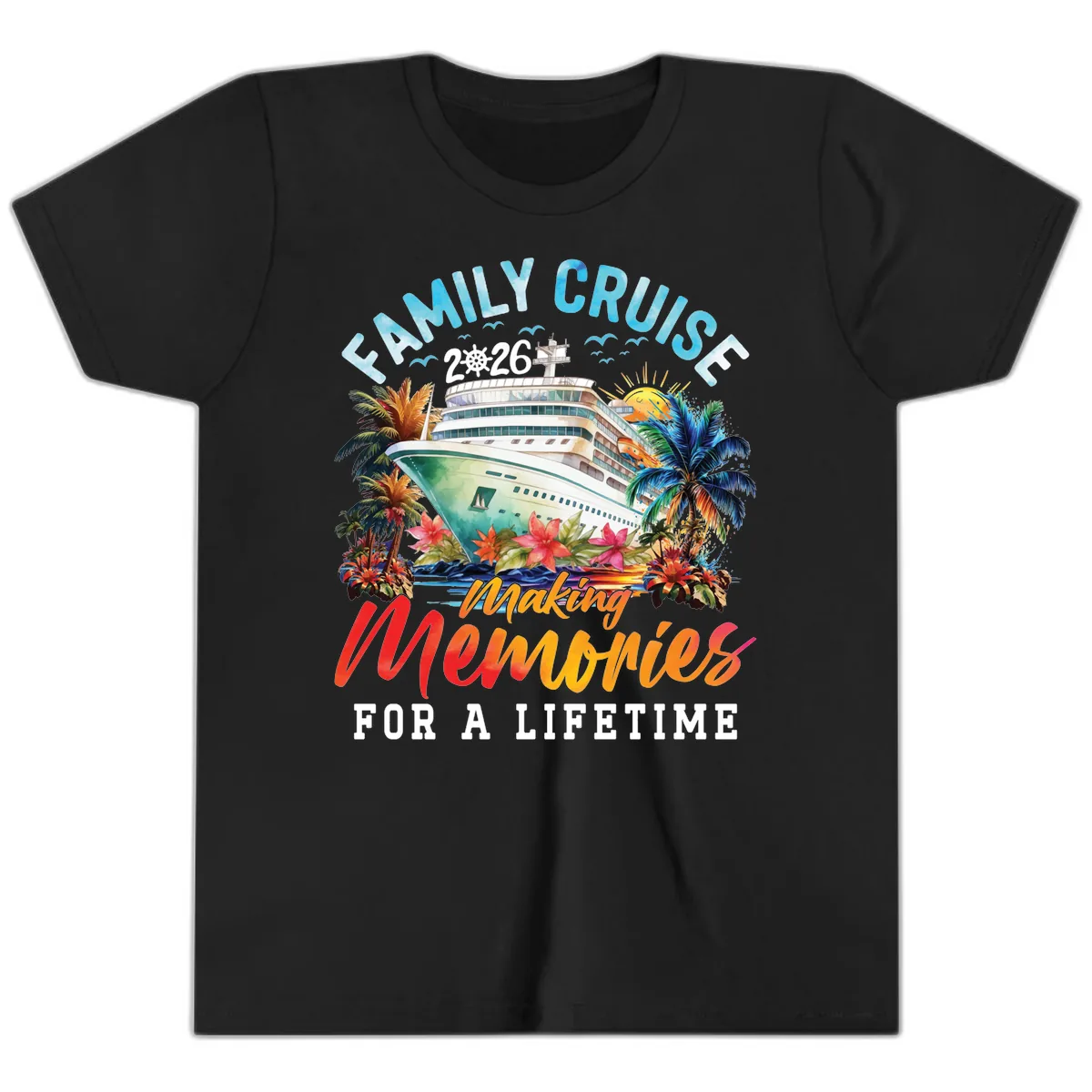Family Cruise 2026 Making Memories Tropical Design Youth T-Shirt in Black