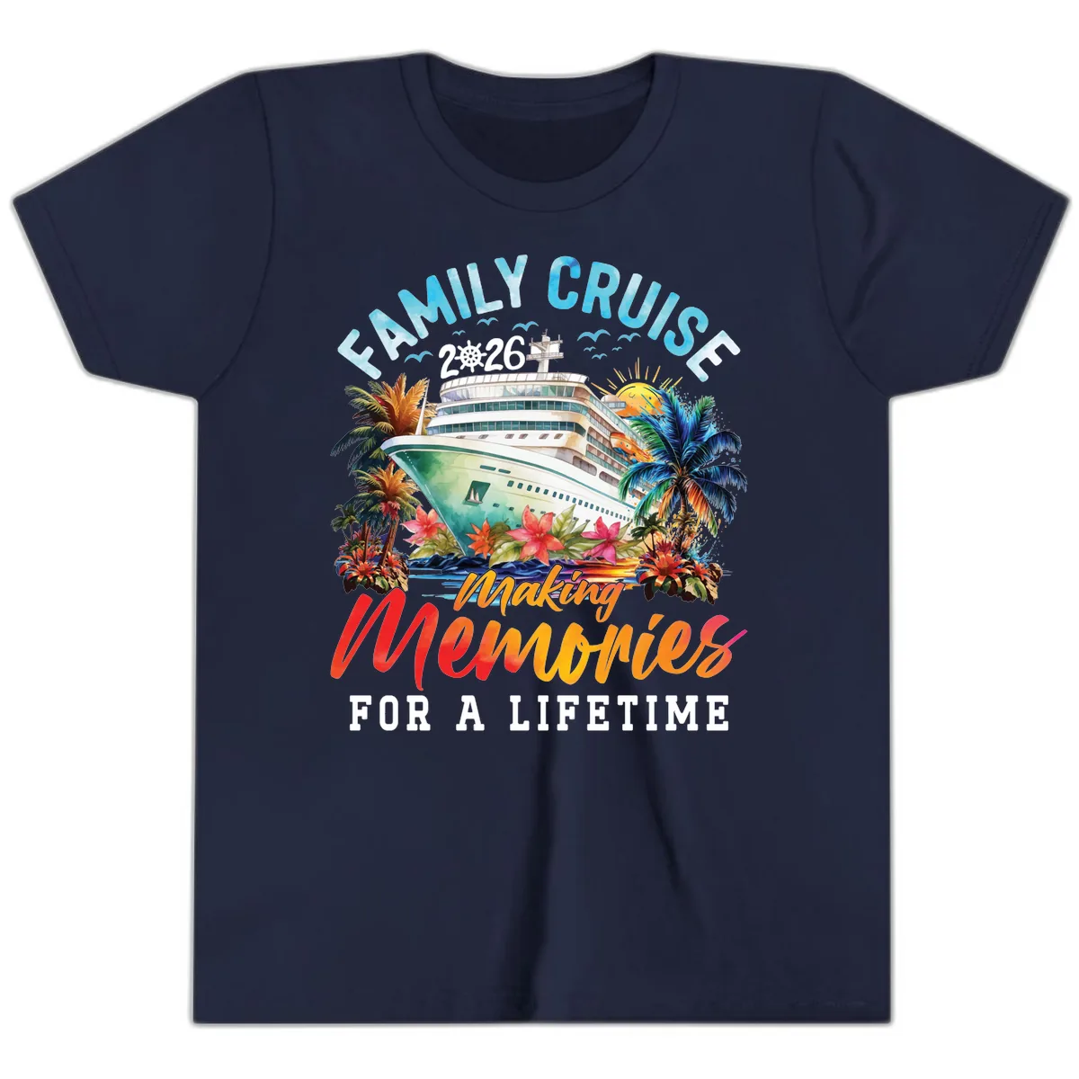 Family Cruise 2026 Making Memories Tropical Design Youth T-Shirt in Navy