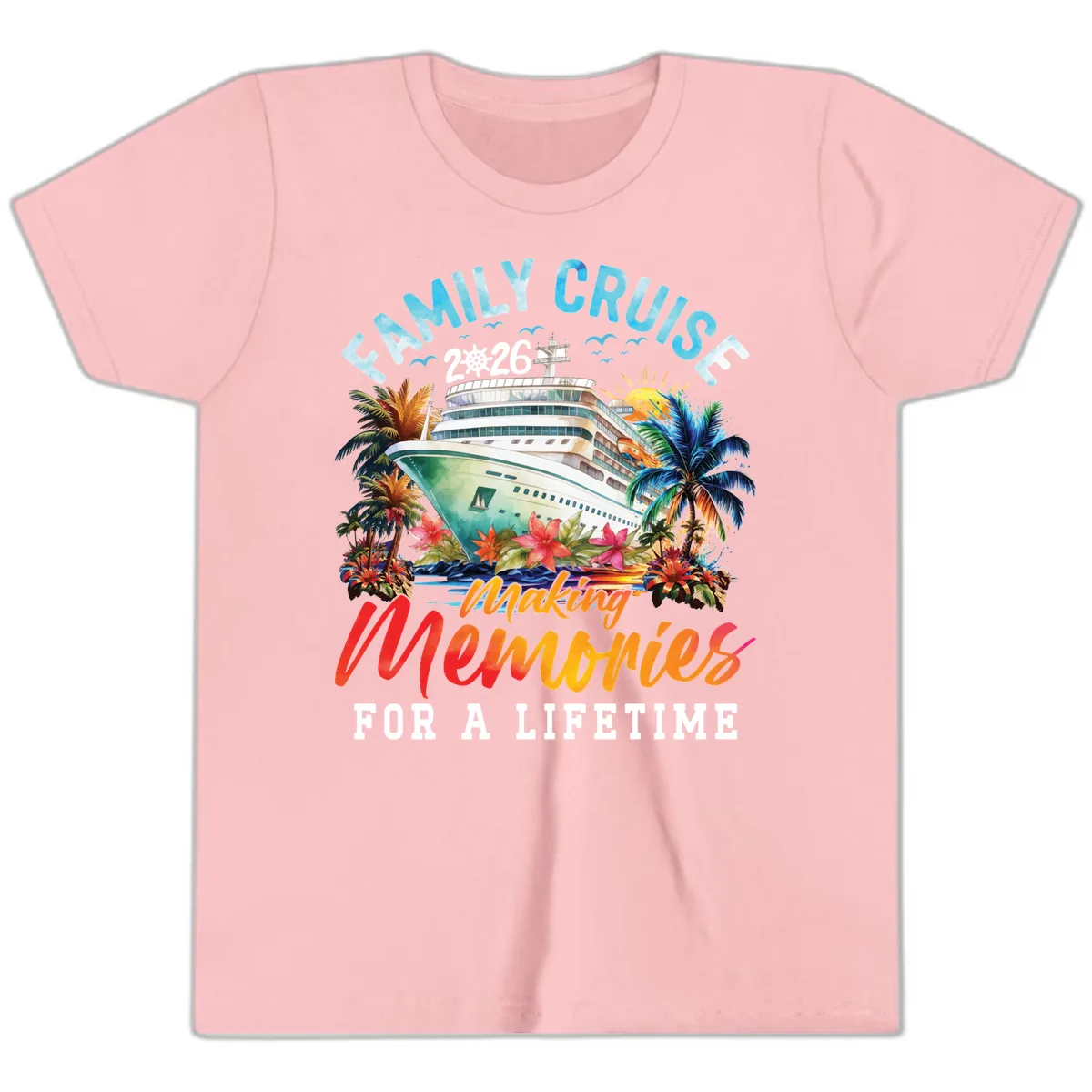 Family Cruise 2026 Making Memories Tropical Design Youth T-Shirt in Pink