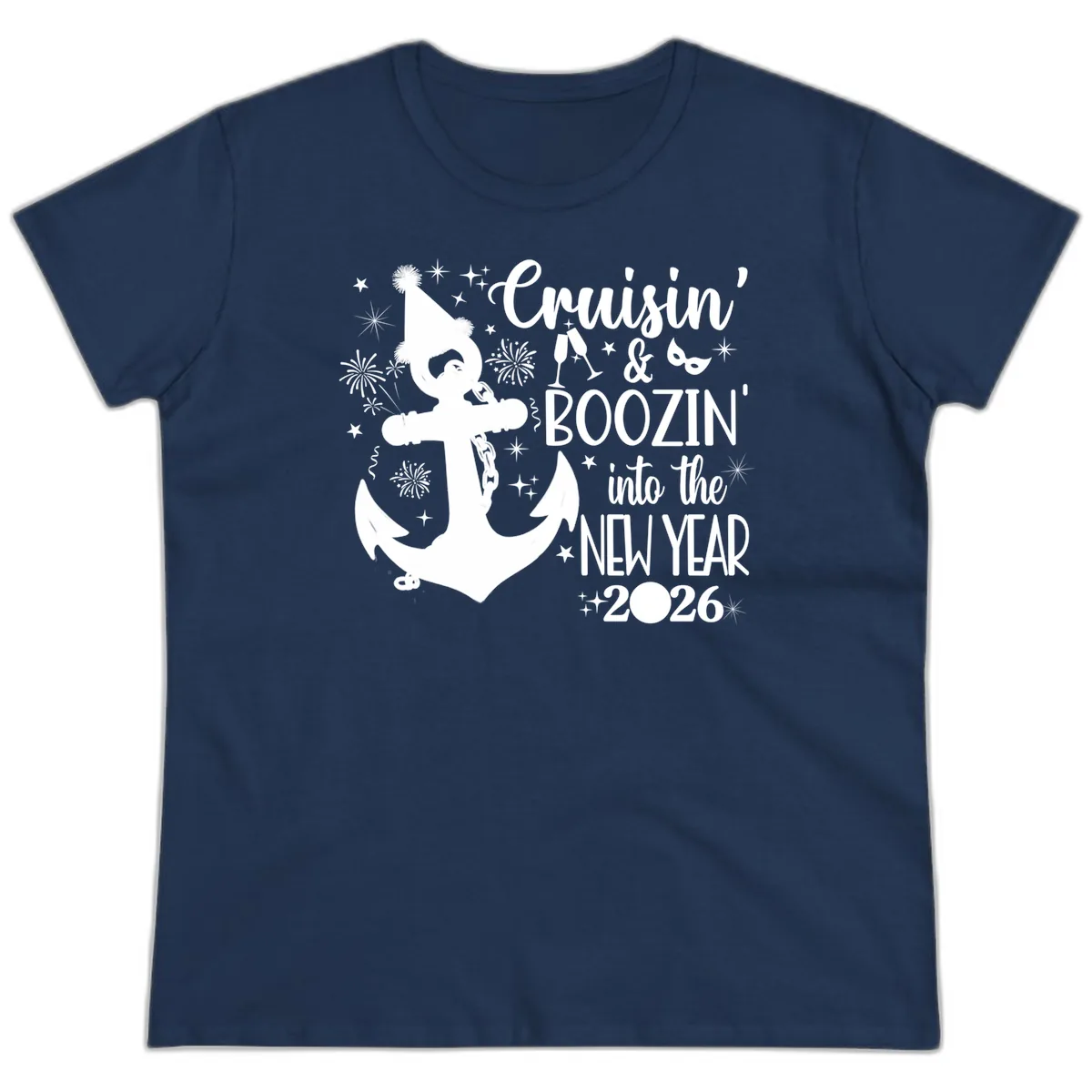 Cruisin' & Boozin' Into The New Year 2026 Cruise Vacation Ladies Tee in Navy