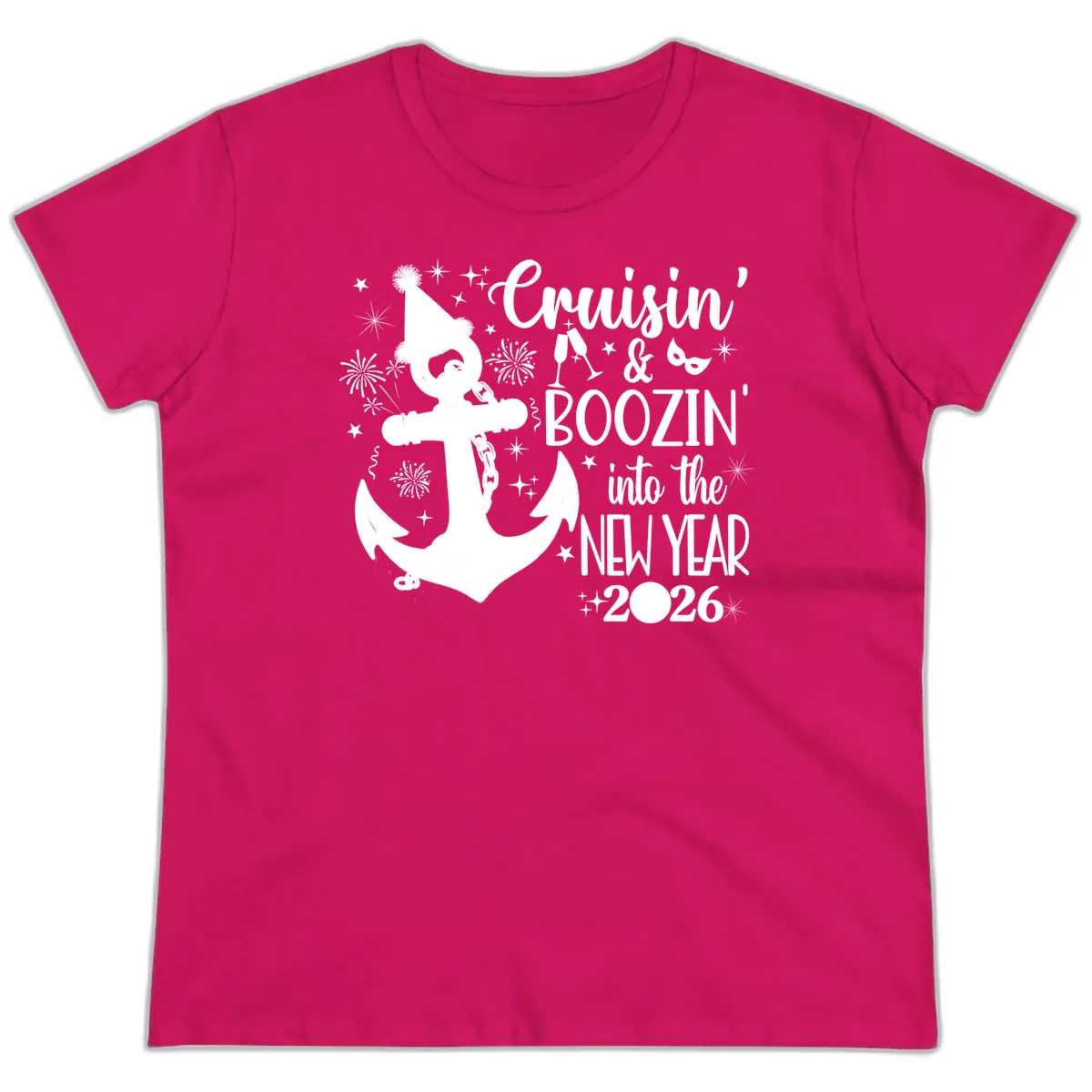 Cruisin' & Boozin' Into The New Year 2026 Cruise Vacation Ladies Tee in Heliconia