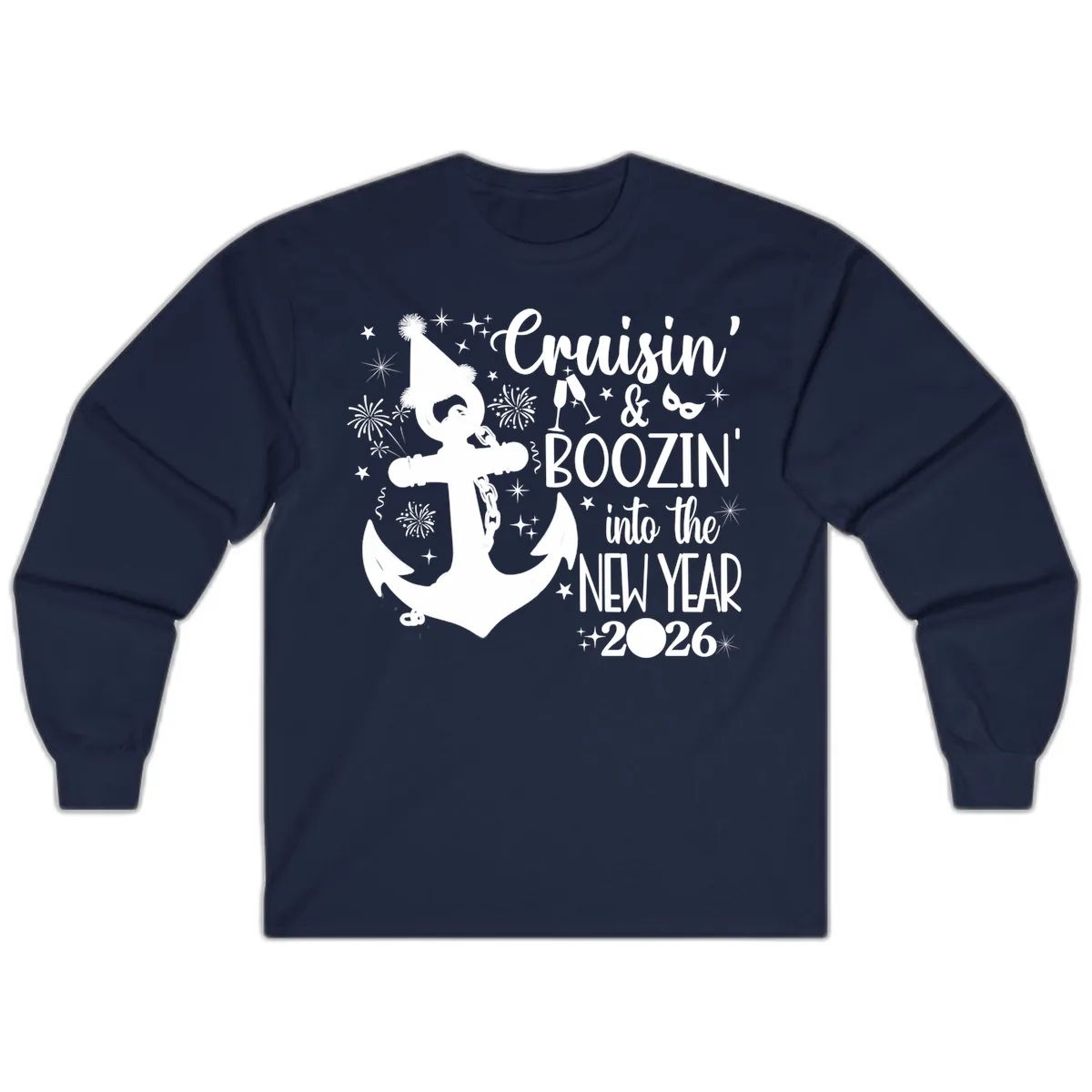 Cruisin' & Boozin' Into The New Year 2026 Cruise Vacation Long Sleeve in Navy