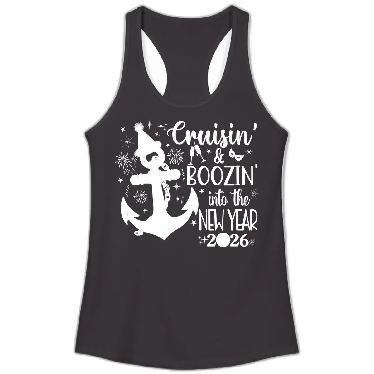 Cruisin' & Boozin' Into The New Year 2026 Cruise Vacation Ladies Tank in Black