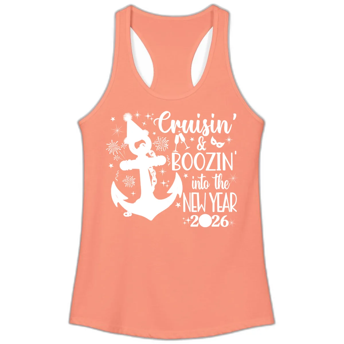 Cruisin' & Boozin' Into The New Year 2026 Cruise Vacation Ladies Tank in Solid Light Orange