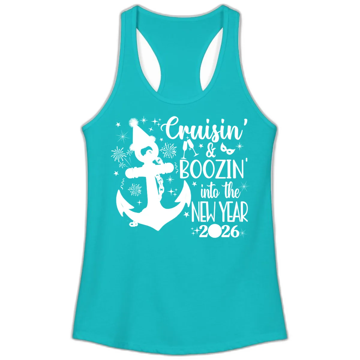 Cruisin' & Boozin' Into The New Year 2026 Cruise Vacation Ladies Tank in Tahiti Blue