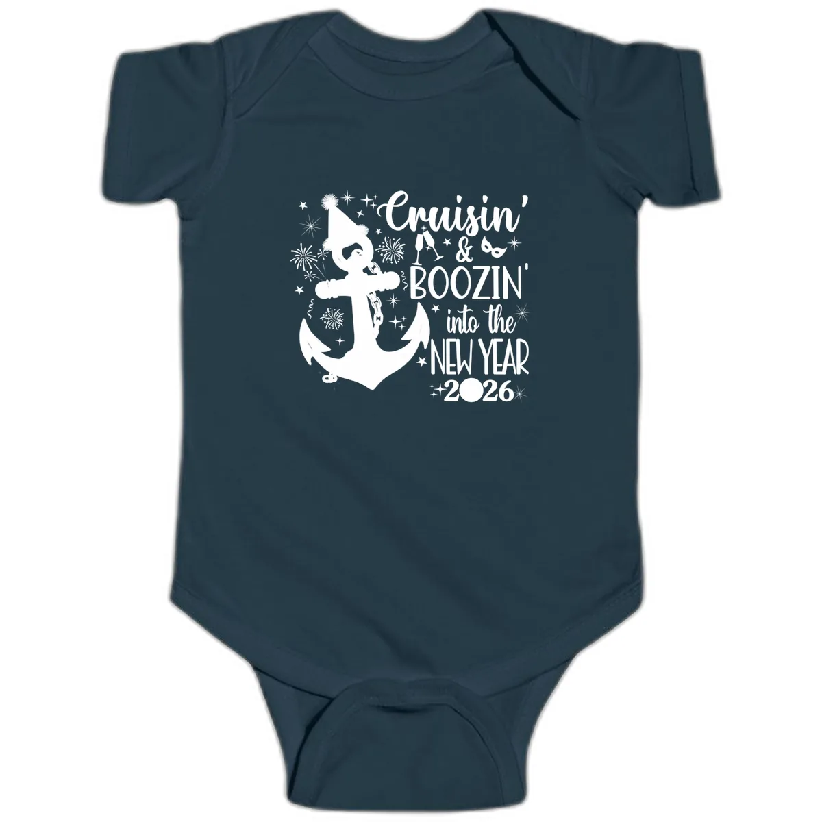Cruisin' & Boozin' Into The New Year 2026 Cruise Vacation Baby Onesie in Navy