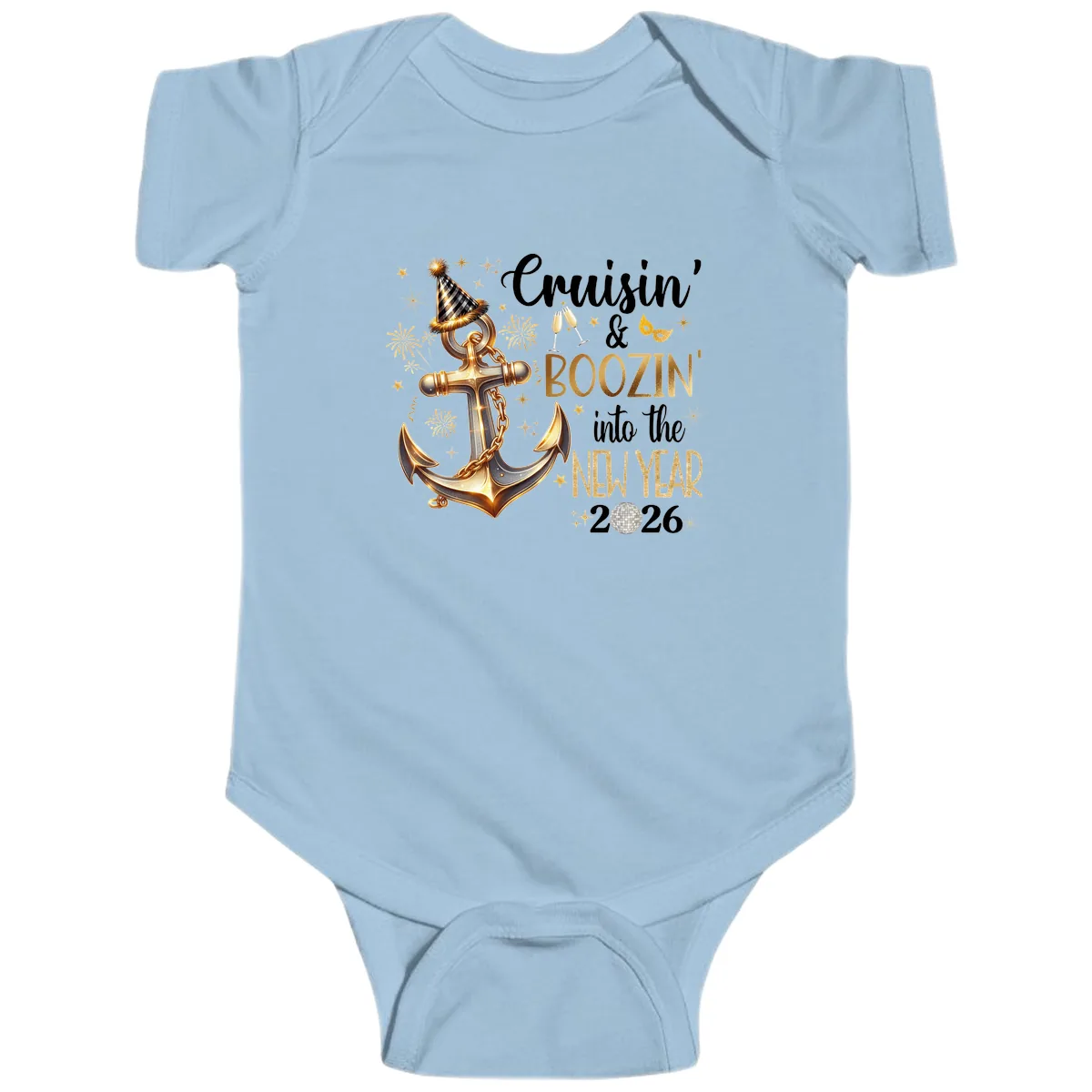 Cruisin' & Boozin' Into The New Year 2026 Cruise Vacation Baby Onesie in Light Blue