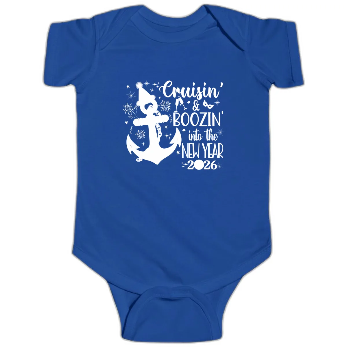 Cruisin' & Boozin' Into The New Year 2026 Cruise Vacation Baby Onesie in Royal