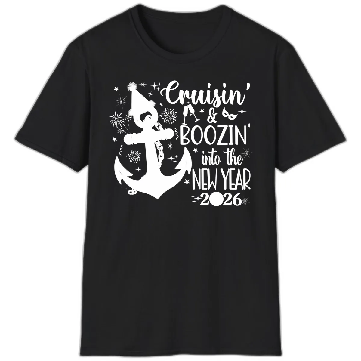 Cruisin' & Boozin' Into The New Year 2026 Cruise Vacation T-Shirt in Black