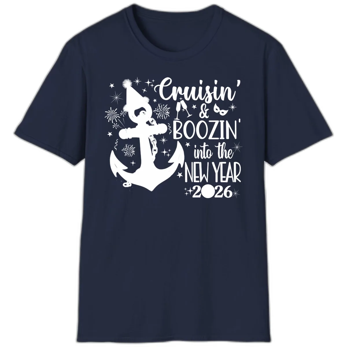 Cruisin' & Boozin' Into The New Year 2026 Cruise Vacation T-Shirt in Navy