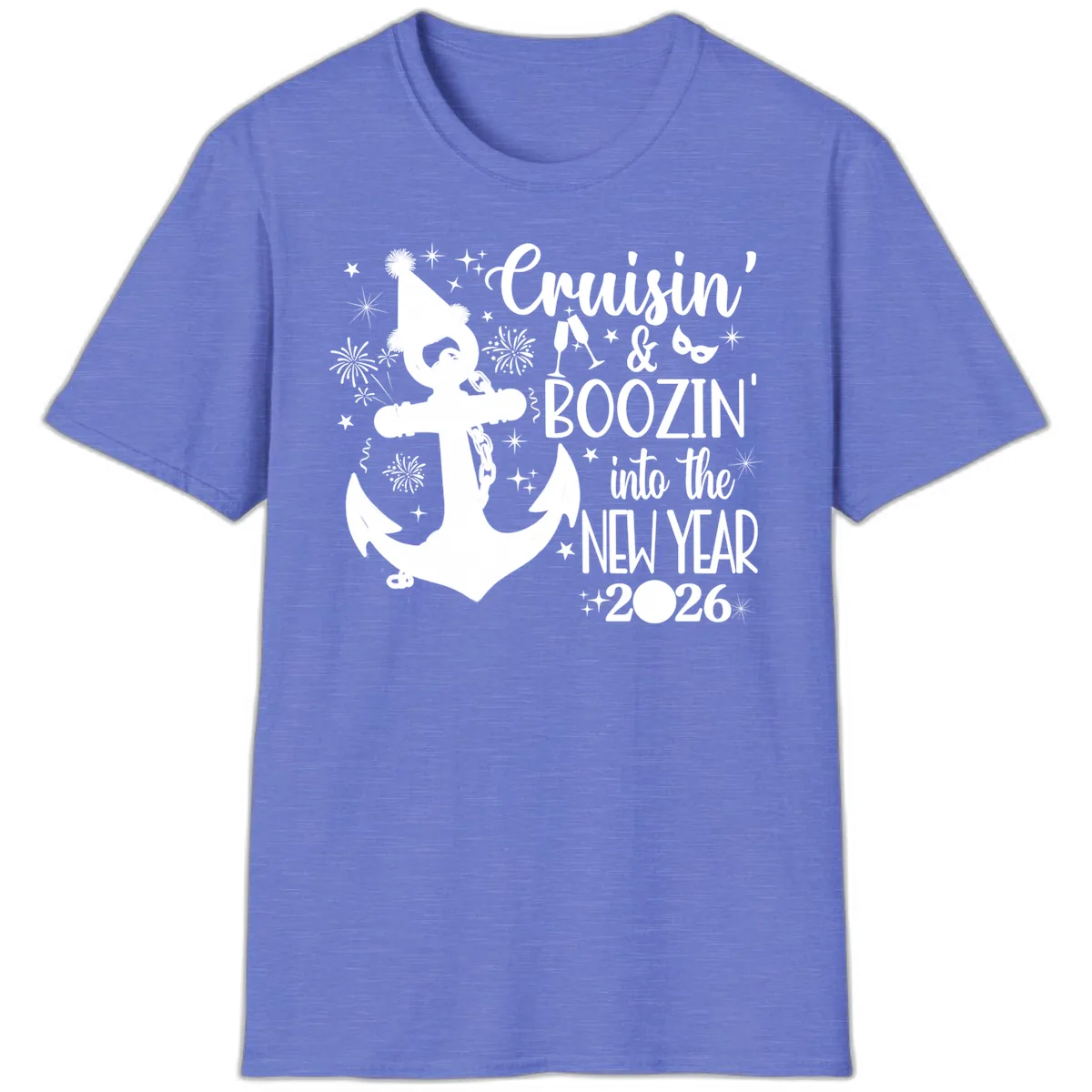 Cruisin' & Boozin' Into The New Year 2026 Cruise Vacation T-Shirt in Heather Royal