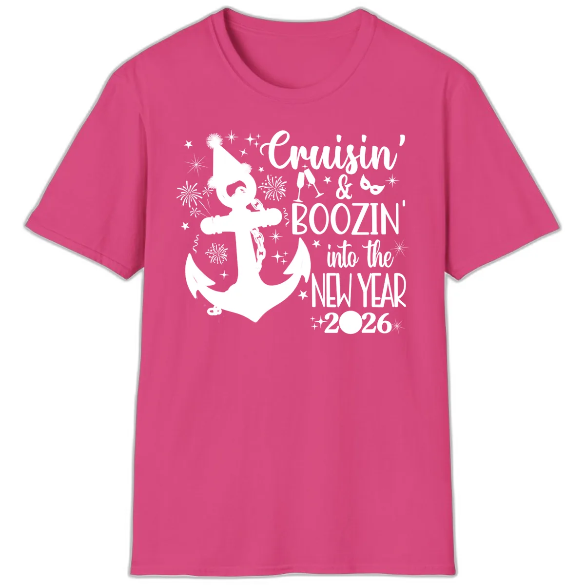 Cruisin' & Boozin' Into The New Year 2026 Cruise Vacation T-Shirt in Heliconia