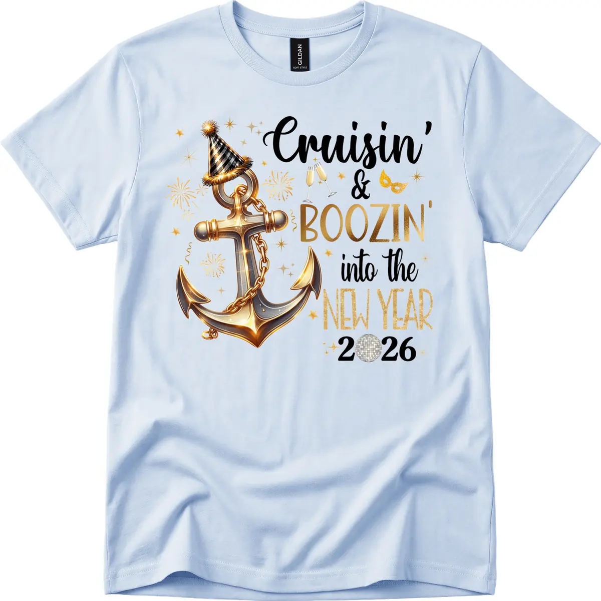 Cruisin' & Boozin' Into The New Year 2026 Cruise Vacation T-Shirt in Light Blue