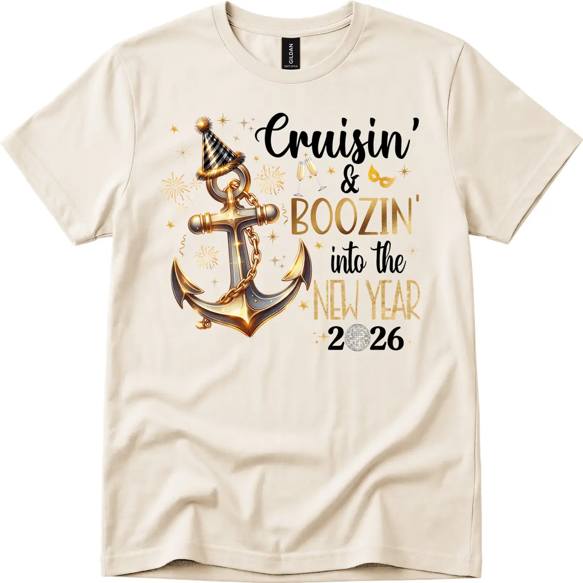 Cruisin' & Boozin' Into The New Year 2026 Cruise Vacation T-Shirt in Natural