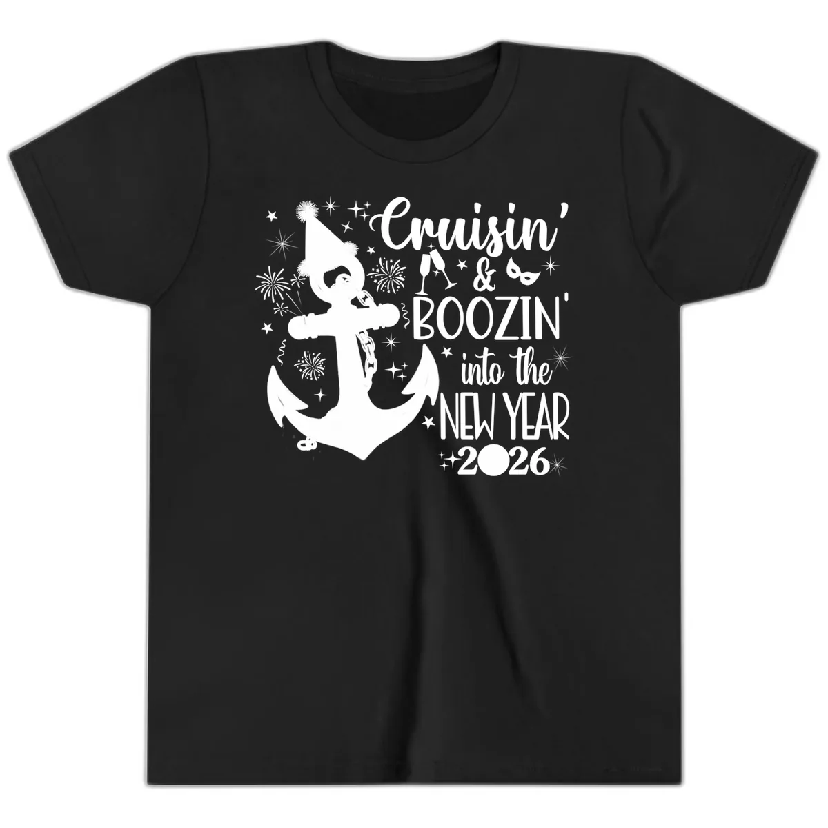 Cruisin' & Boozin' Into The New Year 2026 Cruise Vacation Youth T-Shirt in Black