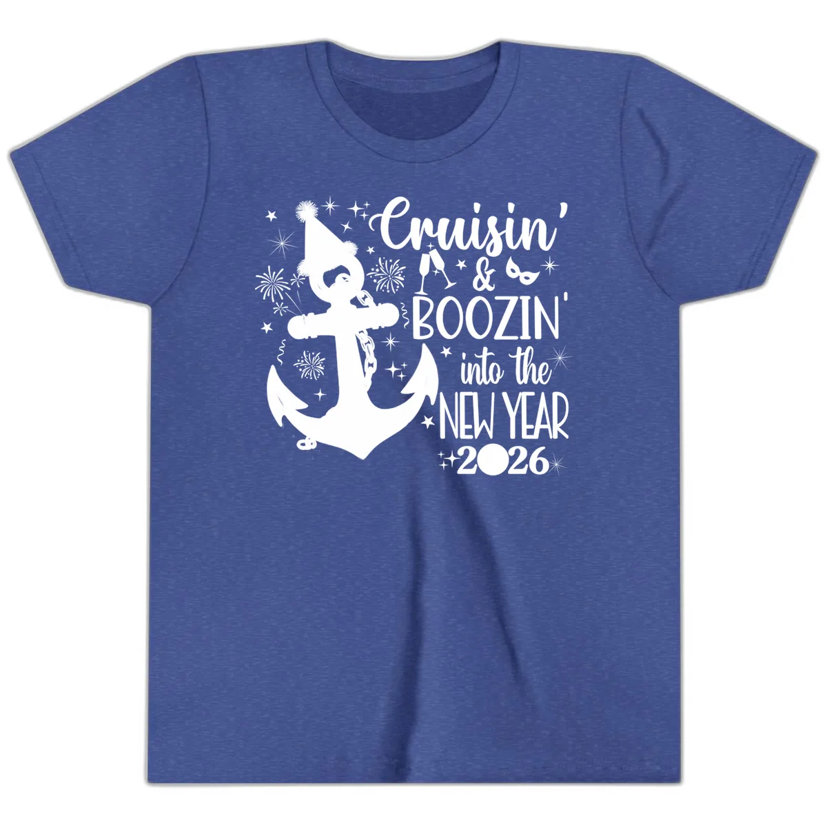 Cruisin' & Boozin' Into The New Year 2026 Cruise Vacation Youth T-Shirt in Heather True Royal