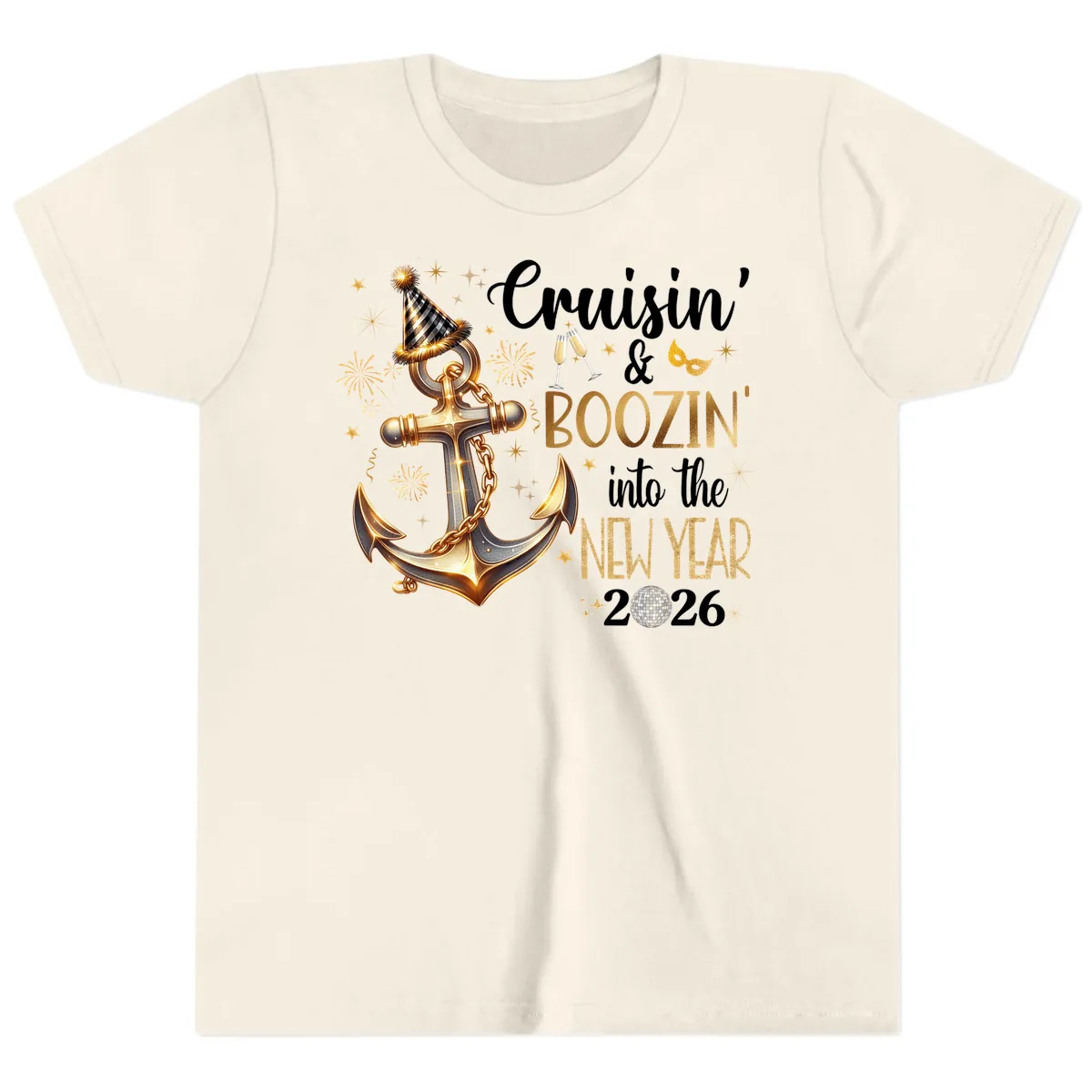 Cruisin' & Boozin' Into The New Year 2026 Cruise Vacation Youth T-Shirt in Natural