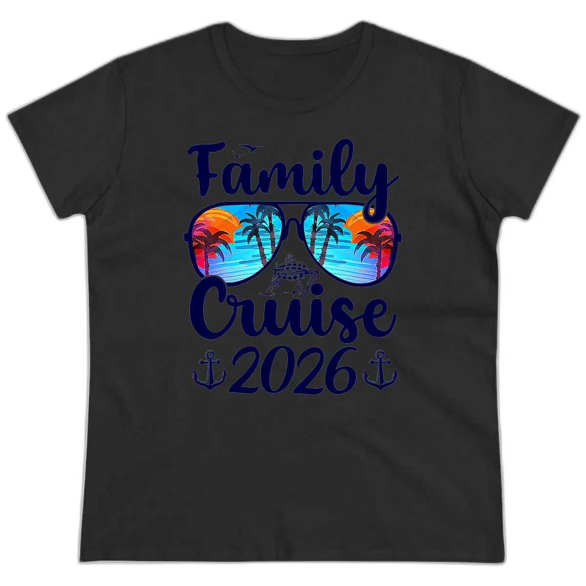 Family Cruise 2026 Tropical Sunglasses Ladies Tee in Black