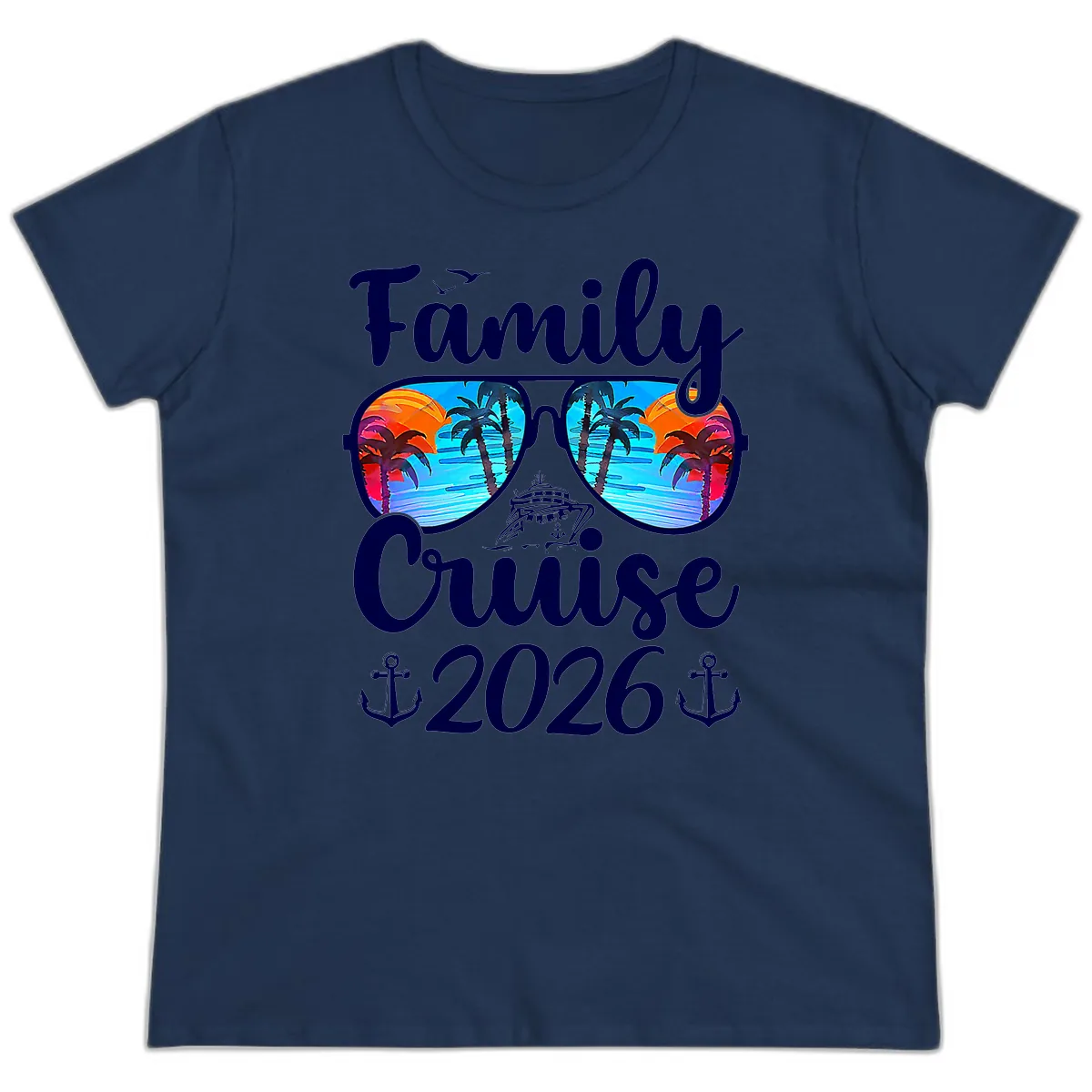 Family Cruise 2026 Tropical Sunglasses Ladies Tee in Navy