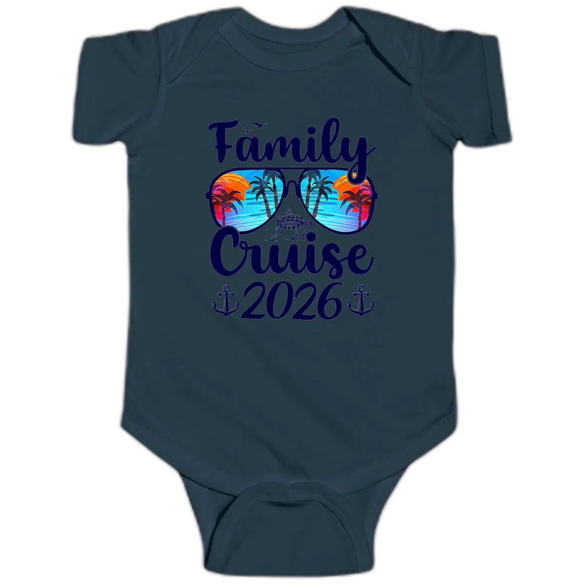 Family Cruise 2026 Tropical Sunglasses Baby Onesie in Navy