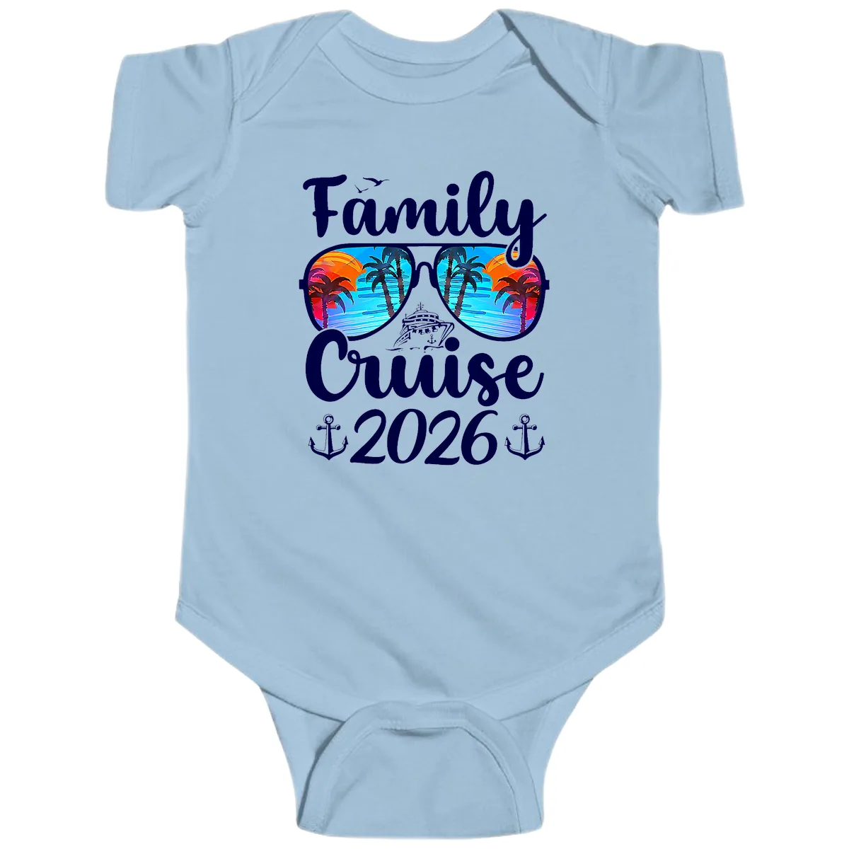 Family Cruise 2026 Tropical Sunglasses Baby Onesie in Light Blue
