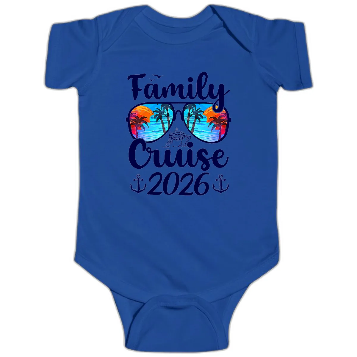 Family Cruise 2026 Tropical Sunglasses Baby Onesie in Royal
