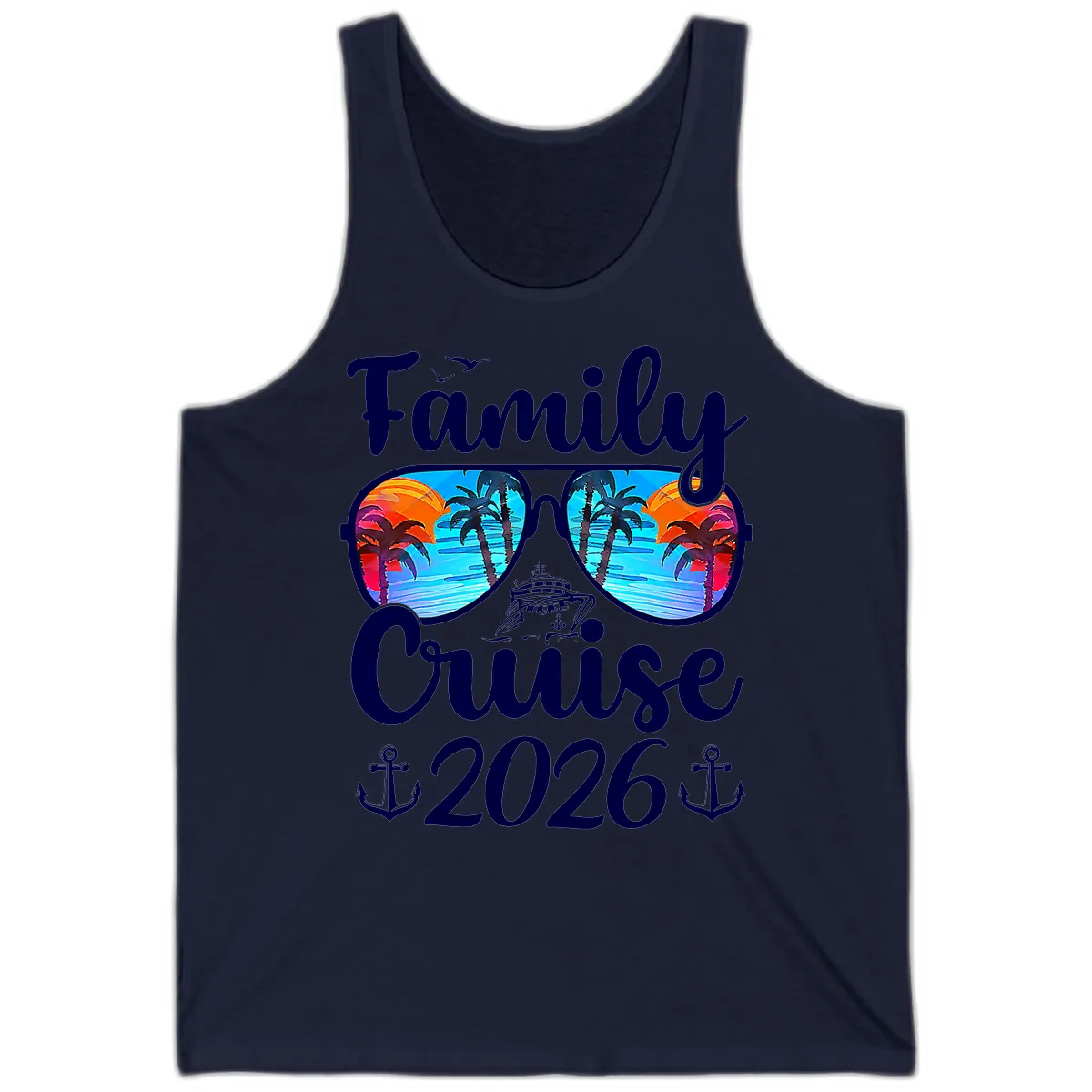 Family Cruise 2026 Tropical Sunglasses Tank in Navy