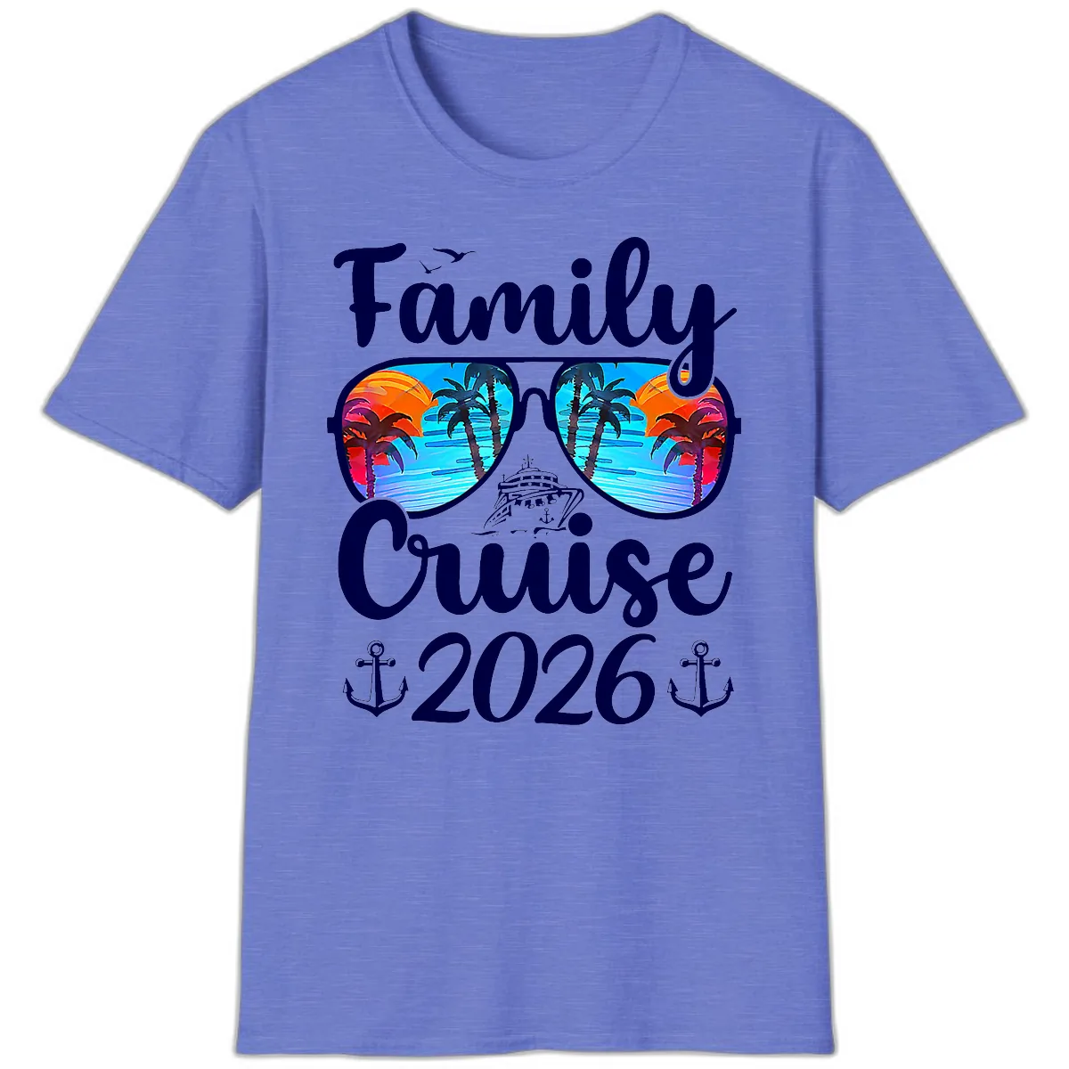 Family Cruise 2026 Tropical Sunglasses T-Shirt in Heather Royal