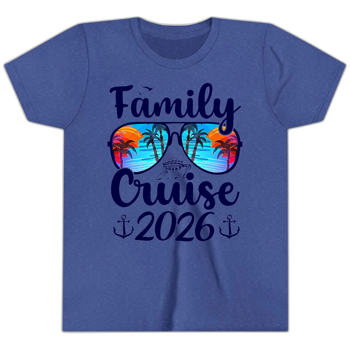 Family Cruise 2026 Tropical Sunglasses Youth T-Shirt in Heather True Royal