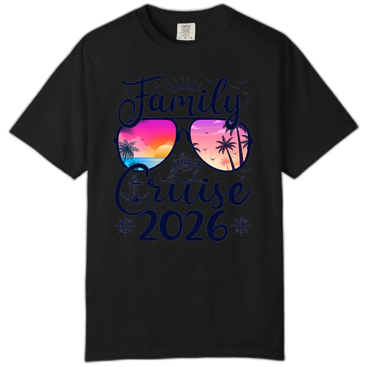 Family Cruise 2026 Tropical Sunset Sunglasses Comfort Color in Black