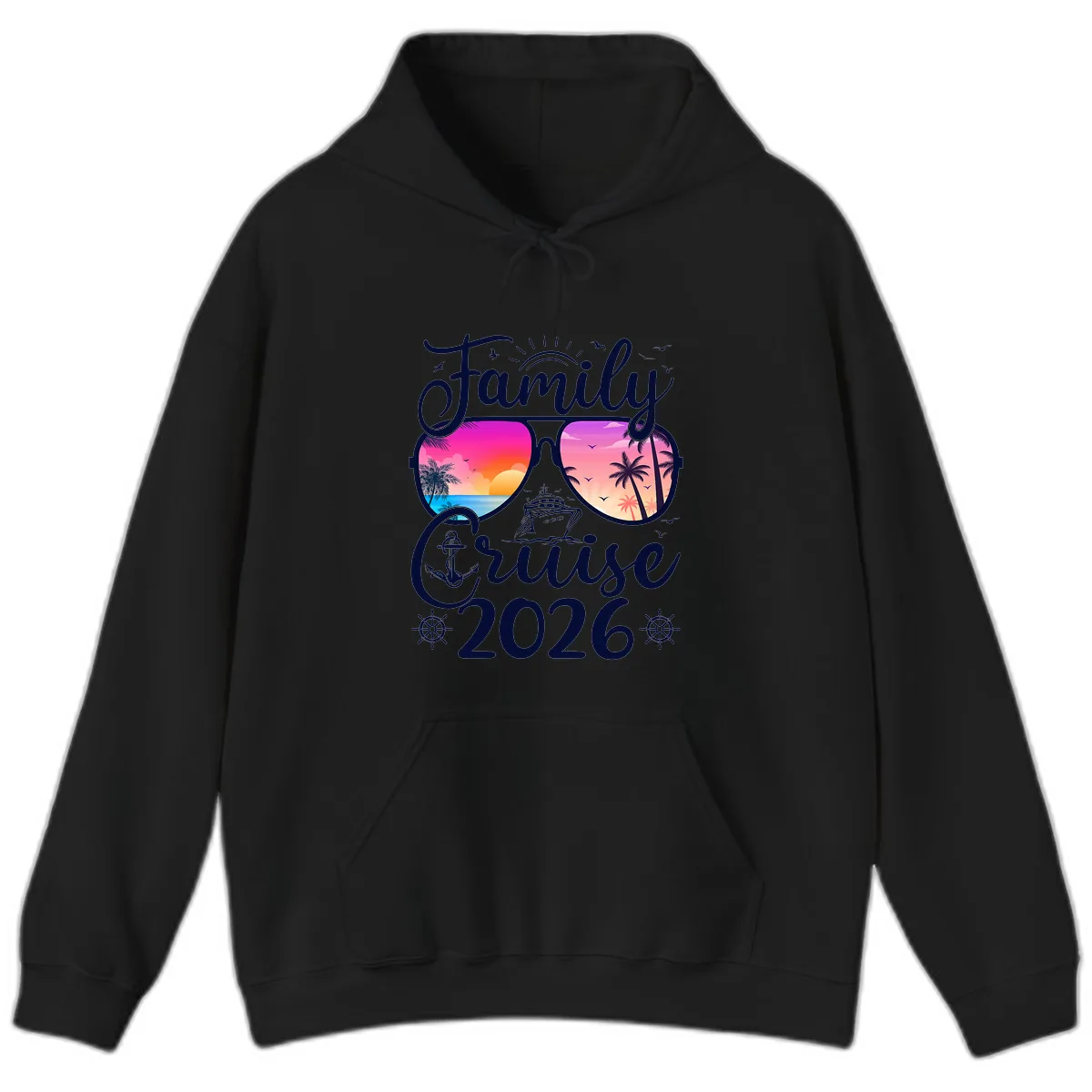 Family Cruise 2026 Tropical Sunset Sunglasses Hoodie in Black