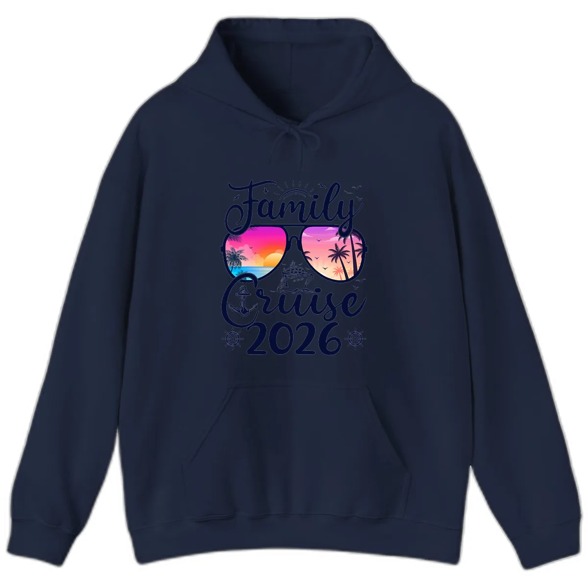 Family Cruise 2026 Tropical Sunset Sunglasses Hoodie in Navy