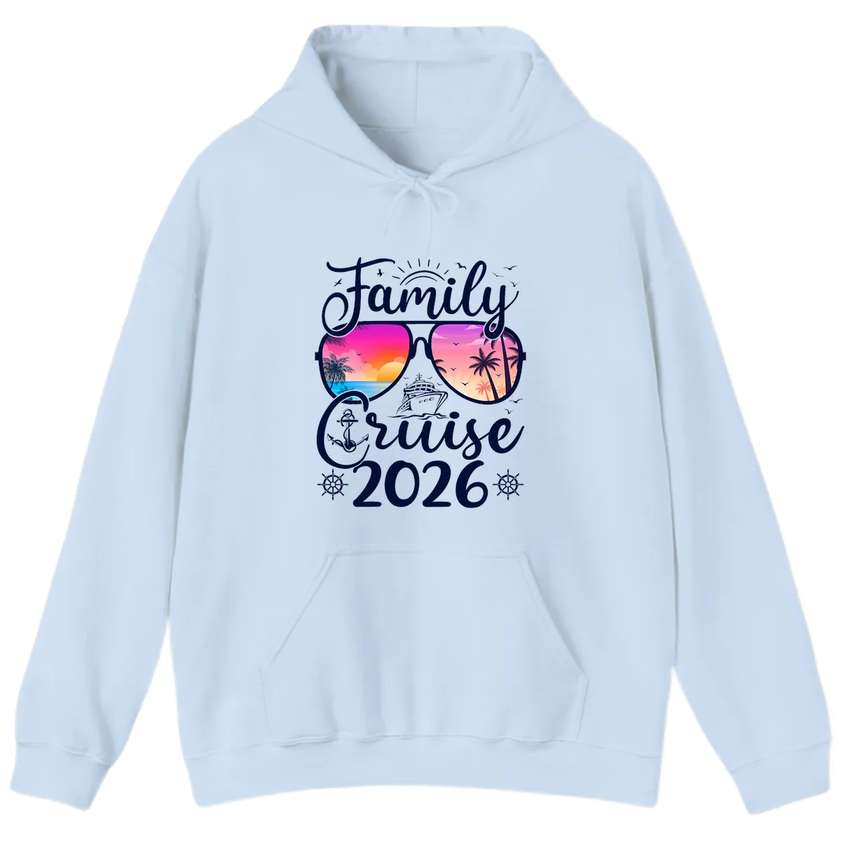 Family Cruise 2026 Tropical Sunset Sunglasses Hoodie in Light Blue