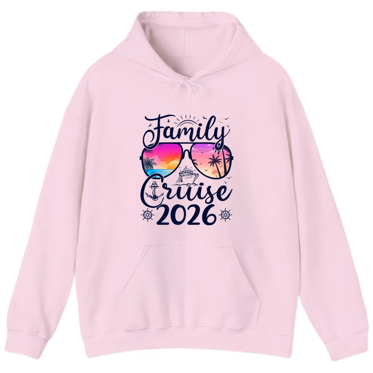 Family Cruise 2026 Tropical Sunset Sunglasses Hoodie in Light Pink