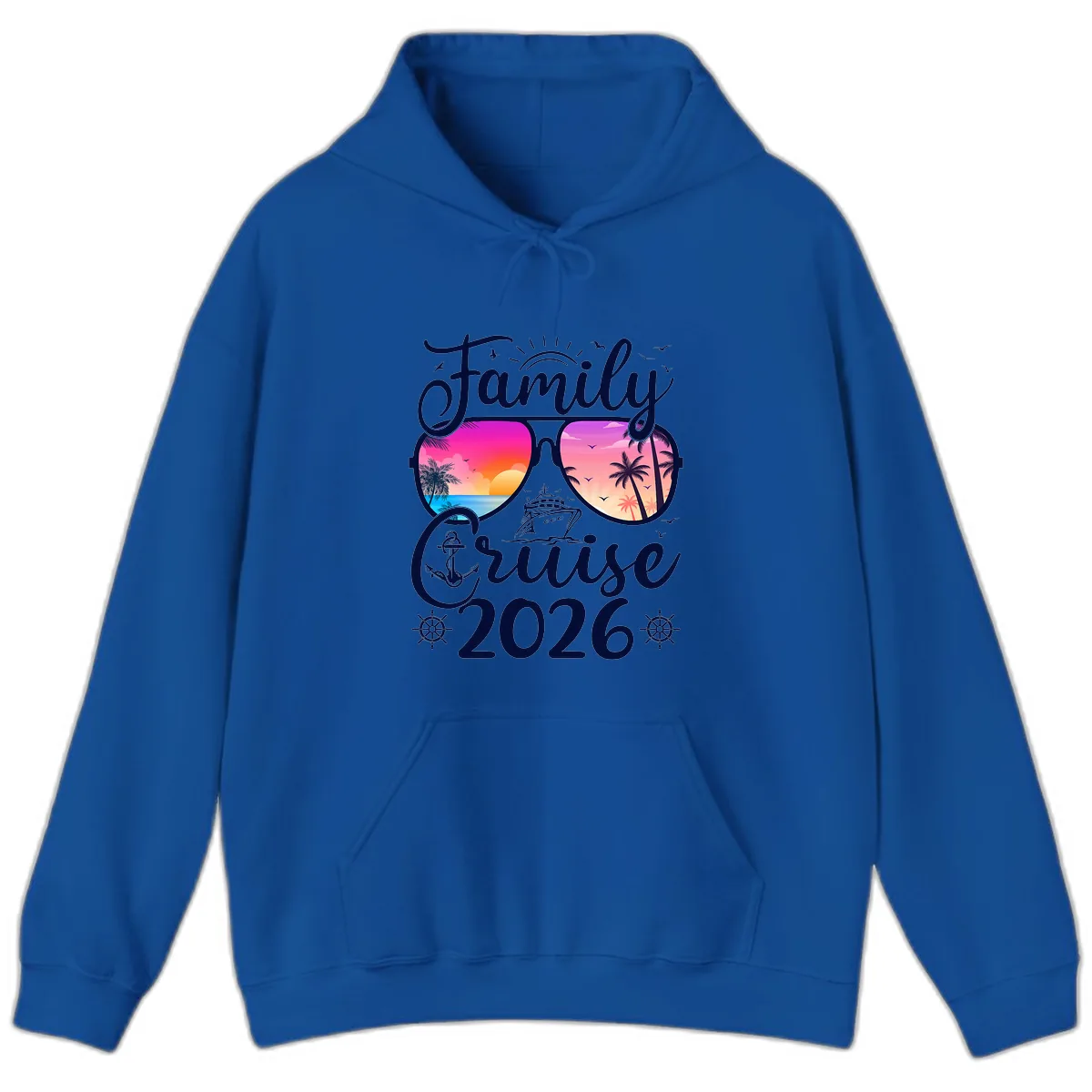 Family Cruise 2026 Tropical Sunset Sunglasses Hoodie in Royal