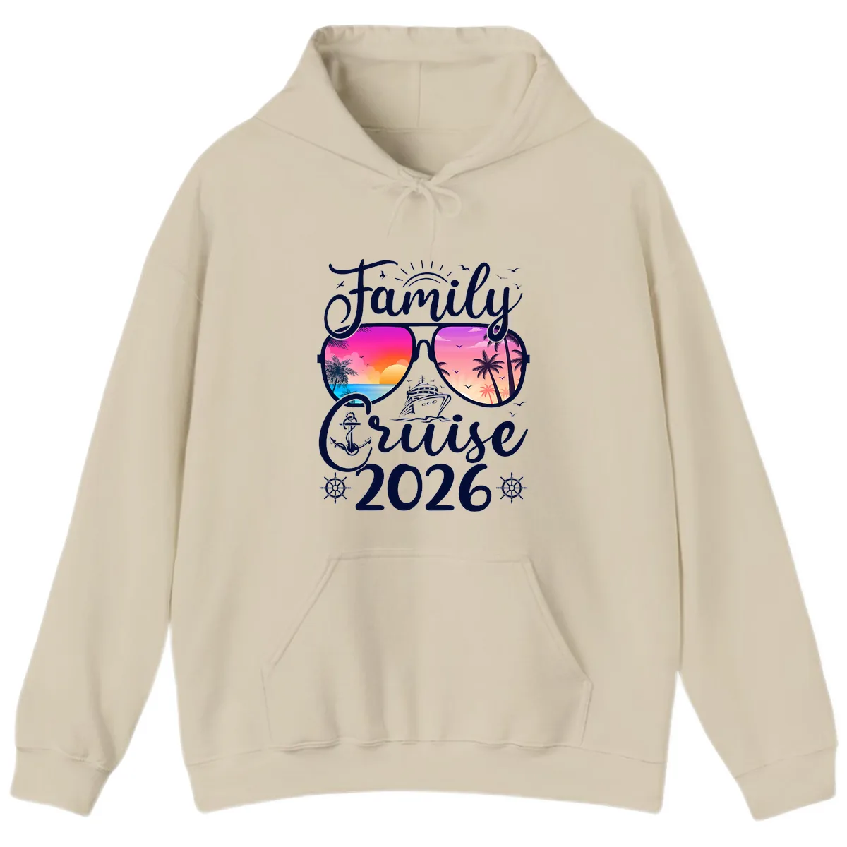 Family Cruise 2026 Tropical Sunset Sunglasses Hoodie in Sand