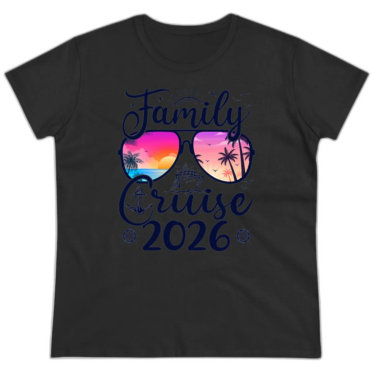 Family Cruise 2026 Tropical Sunset Sunglasses Ladies Tee in Black