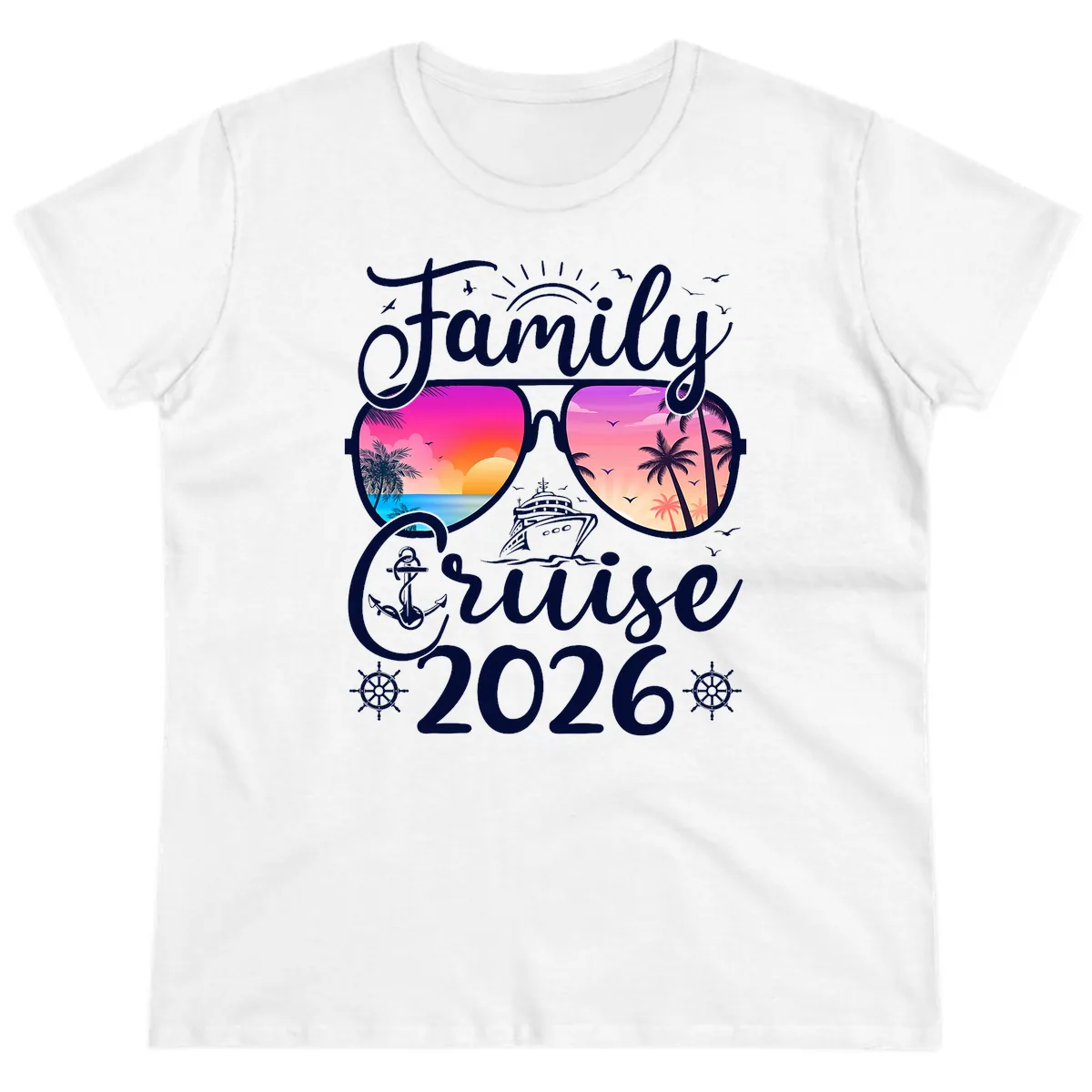 Family Cruise 2026 Tropical Sunset Sunglasses Ladies Tee in White