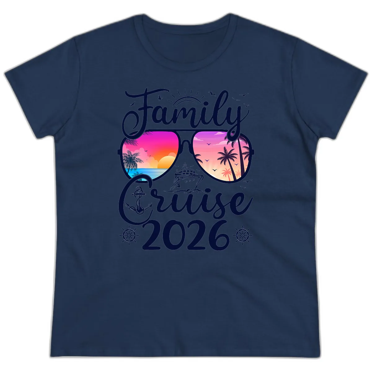 Family Cruise 2026 Tropical Sunset Sunglasses Ladies Tee in Navy