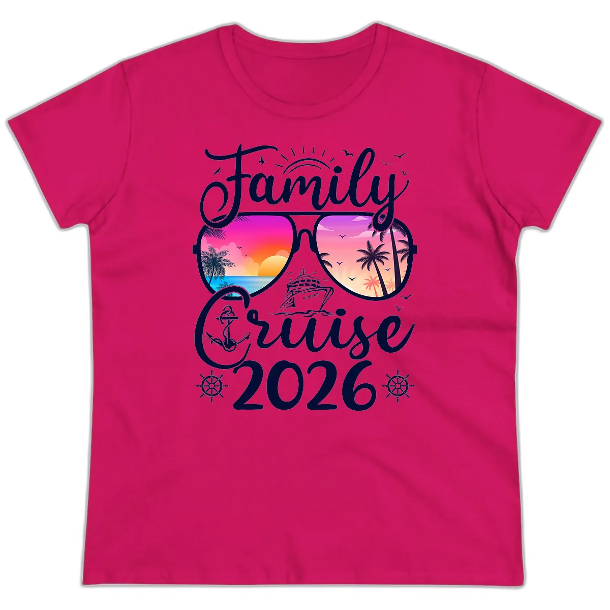 Family Cruise 2026 Tropical Sunset Sunglasses Ladies Tee in Heliconia