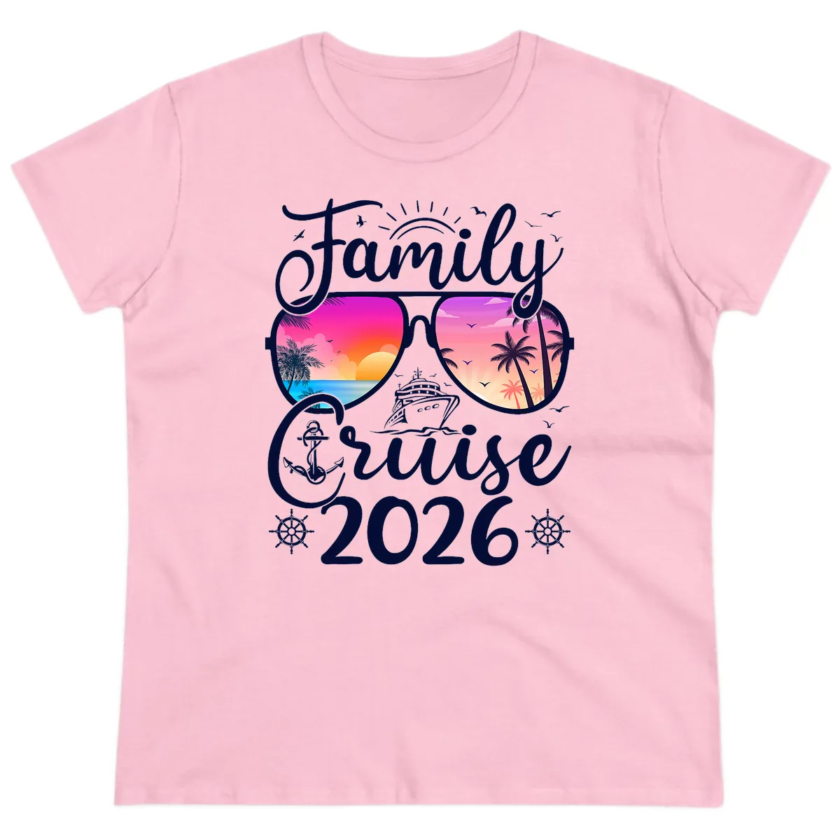 Family Cruise 2026 Tropical Sunset Sunglasses Ladies Tee in Light Pink