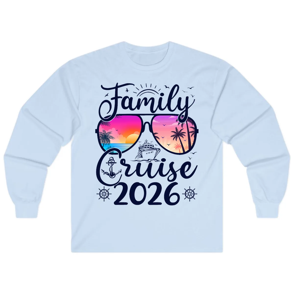 Family Cruise 2026 Tropical Sunset Sunglasses Long Sleeve in Light Blue