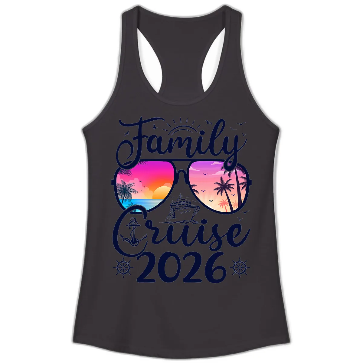 Family Cruise 2026 Tropical Sunset Sunglasses Ladies Tank in Black