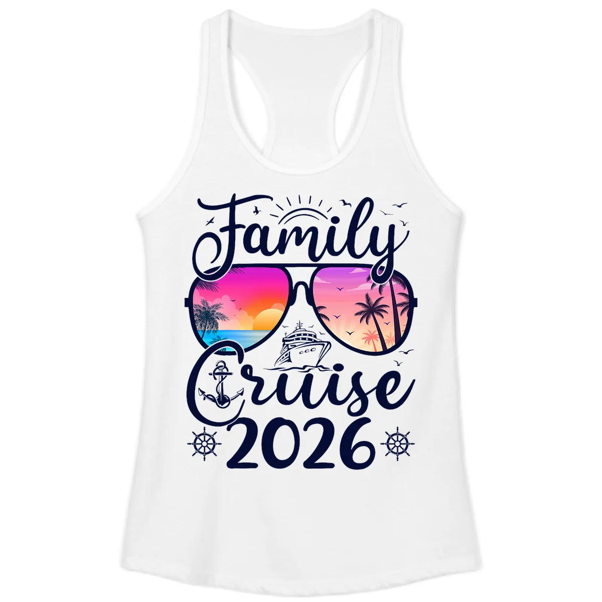 Family Cruise 2026 Tropical Sunset Sunglasses Ladies Tank in White