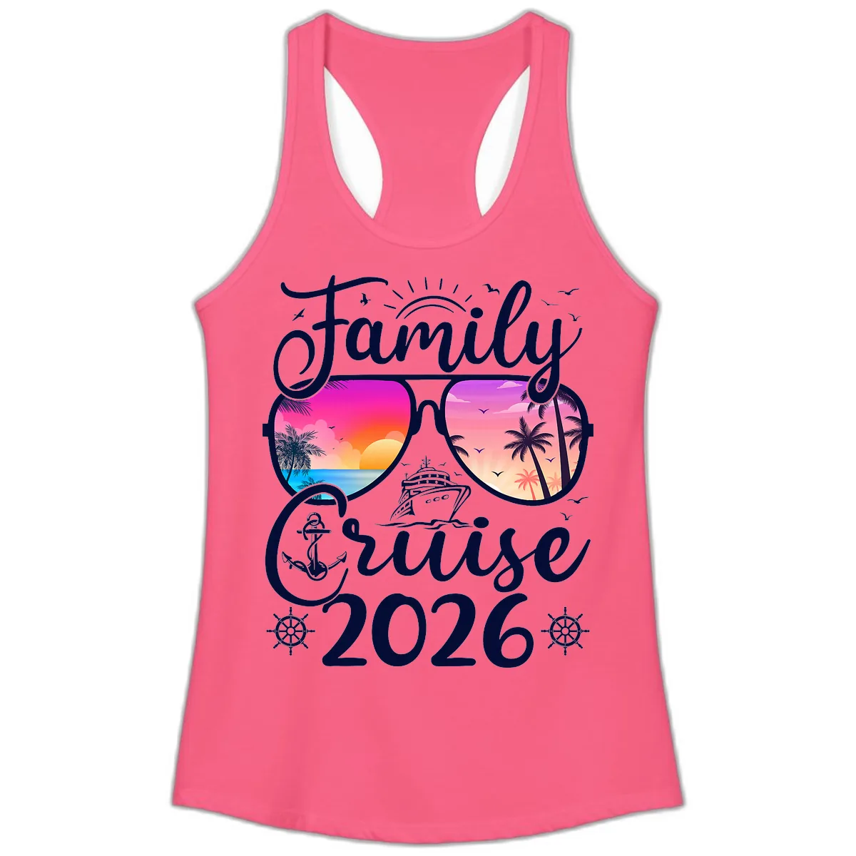 Family Cruise 2026 Tropical Sunset Sunglasses Ladies Tank in Solid Hot Pink