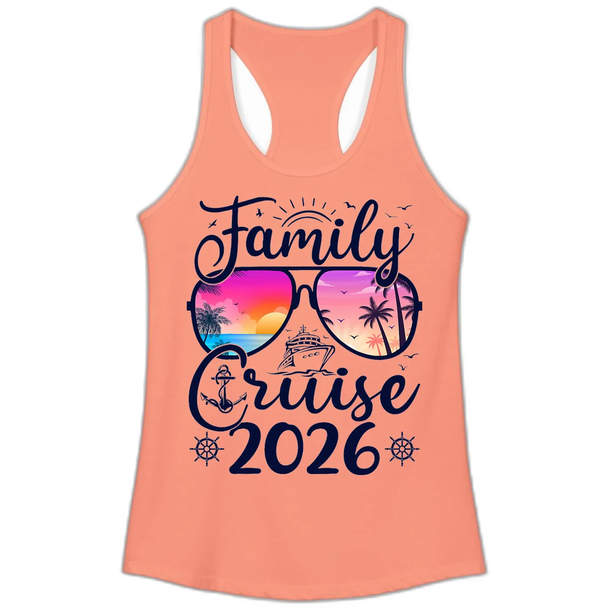 Family Cruise 2026 Tropical Sunset Sunglasses Ladies Tank in Solid Light Orange