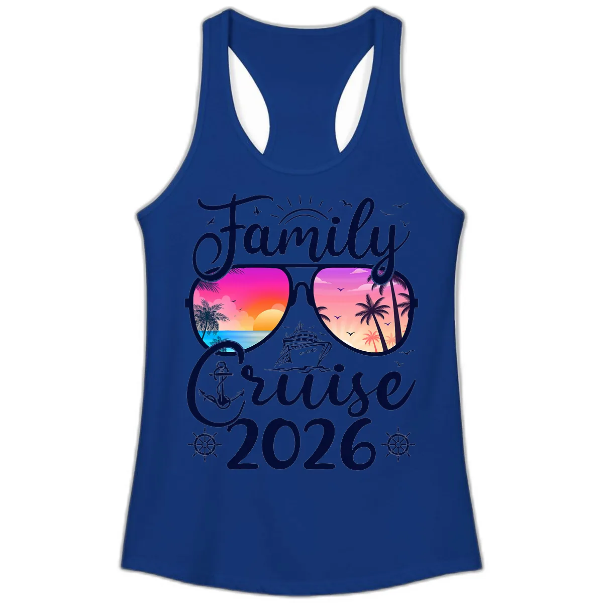 Family Cruise 2026 Tropical Sunset Sunglasses Ladies Tank in Solid Royal