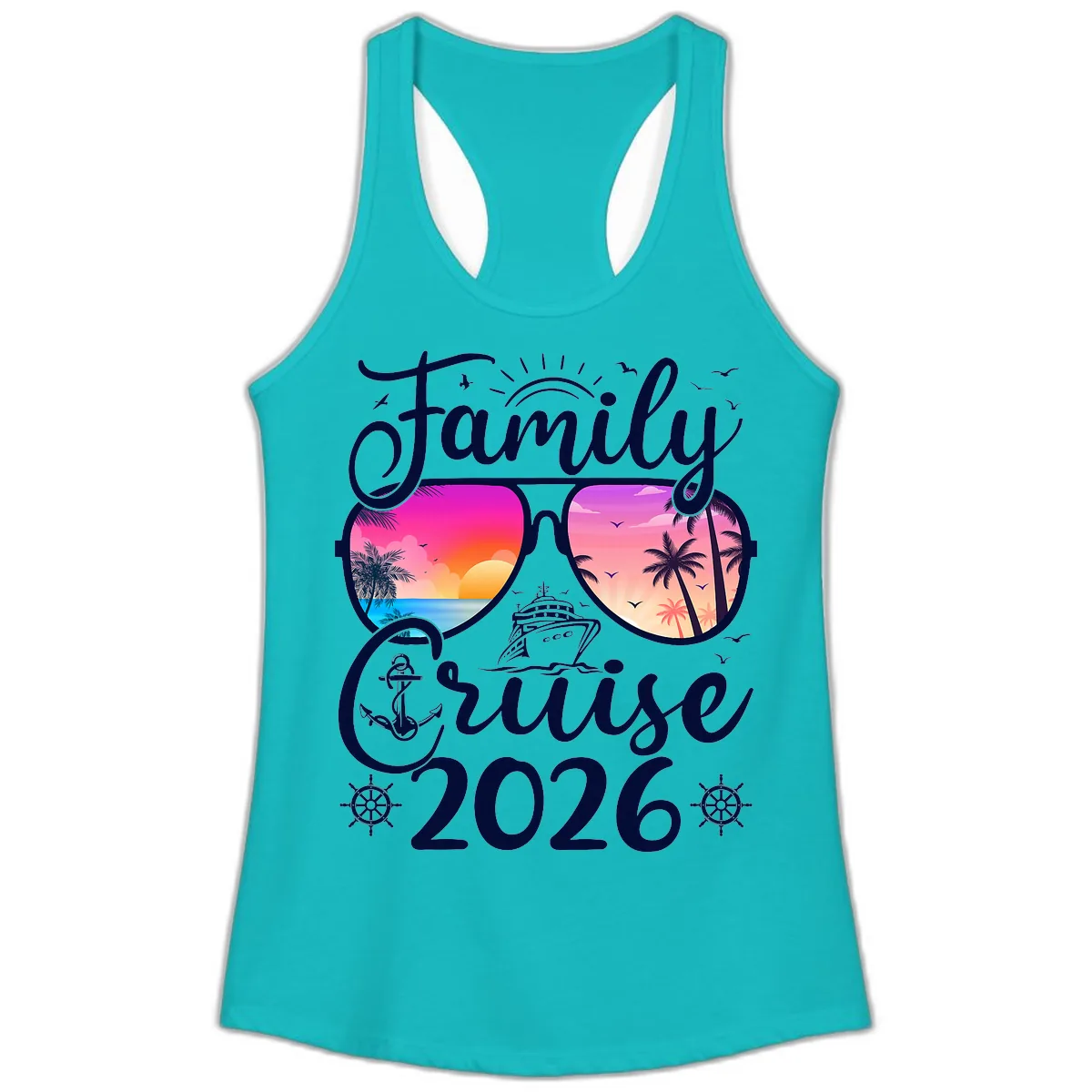 Family Cruise 2026 Tropical Sunset Sunglasses Ladies Tank in Tahiti Blue